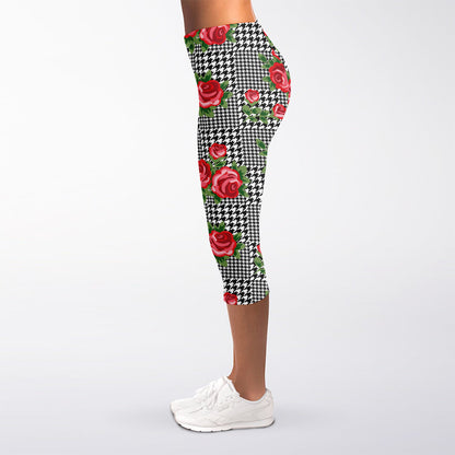 Red Roses Houndstooth Pattern Print Women's Capri Leggings