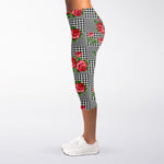 Red Roses Houndstooth Pattern Print Women's Capri Leggings