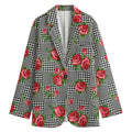 Red Roses Houndstooth Pattern Print Women's Cotton Blazer