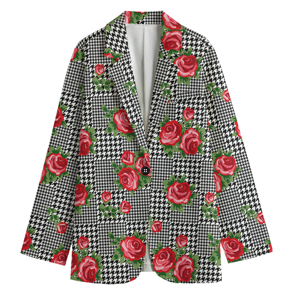 Red Roses Houndstooth Pattern Print Women's Cotton Blazer