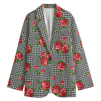 Red Roses Houndstooth Pattern Print Women's Cotton Blazer