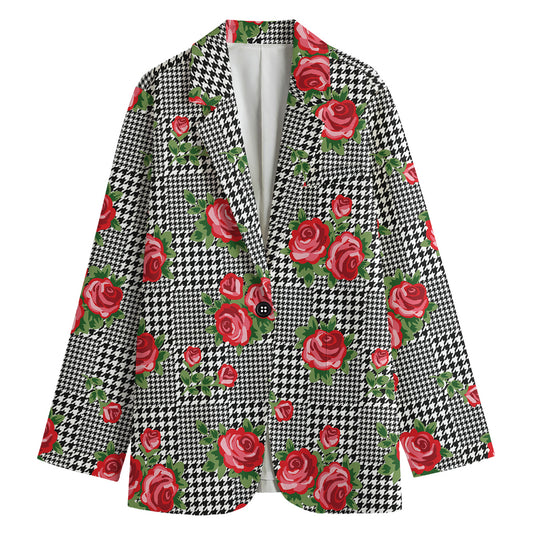 Red Roses Houndstooth Pattern Print Women's Cotton Blazer