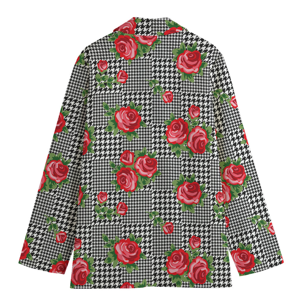 Red Roses Houndstooth Pattern Print Women's Cotton Blazer