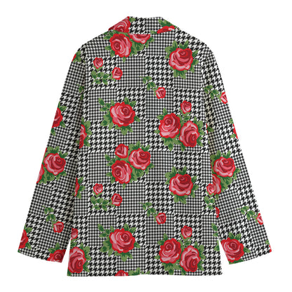 Red Roses Houndstooth Pattern Print Women's Cotton Blazer