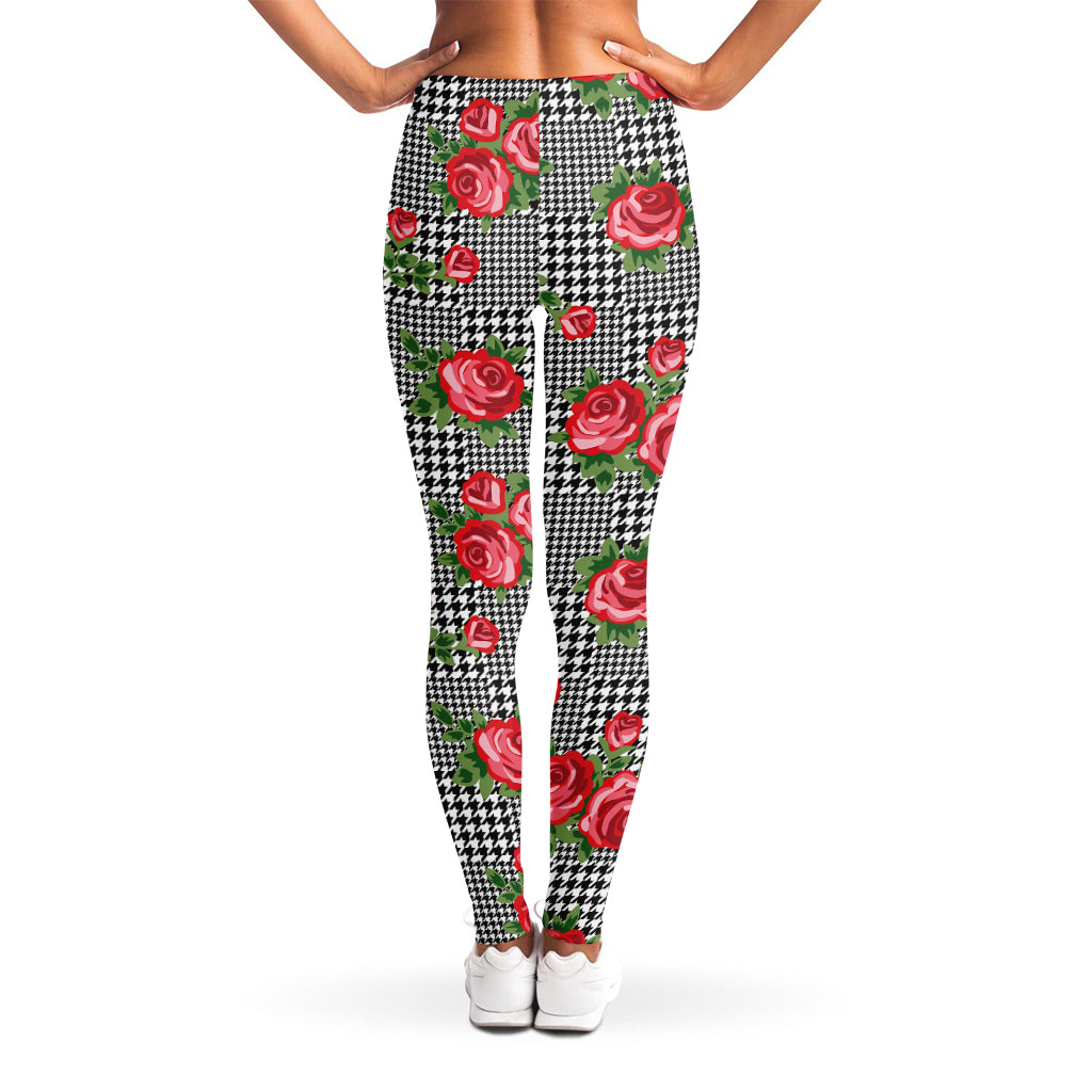Red Roses Houndstooth Pattern Print Women's Leggings