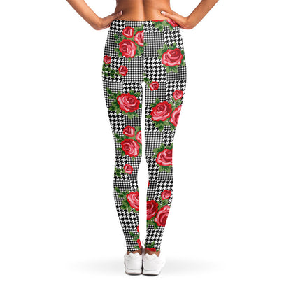 Red Roses Houndstooth Pattern Print Women's Leggings