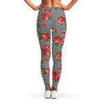 Red Roses Houndstooth Pattern Print Women's Leggings