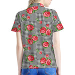 Red Roses Houndstooth Pattern Print Women's Polo Shirt