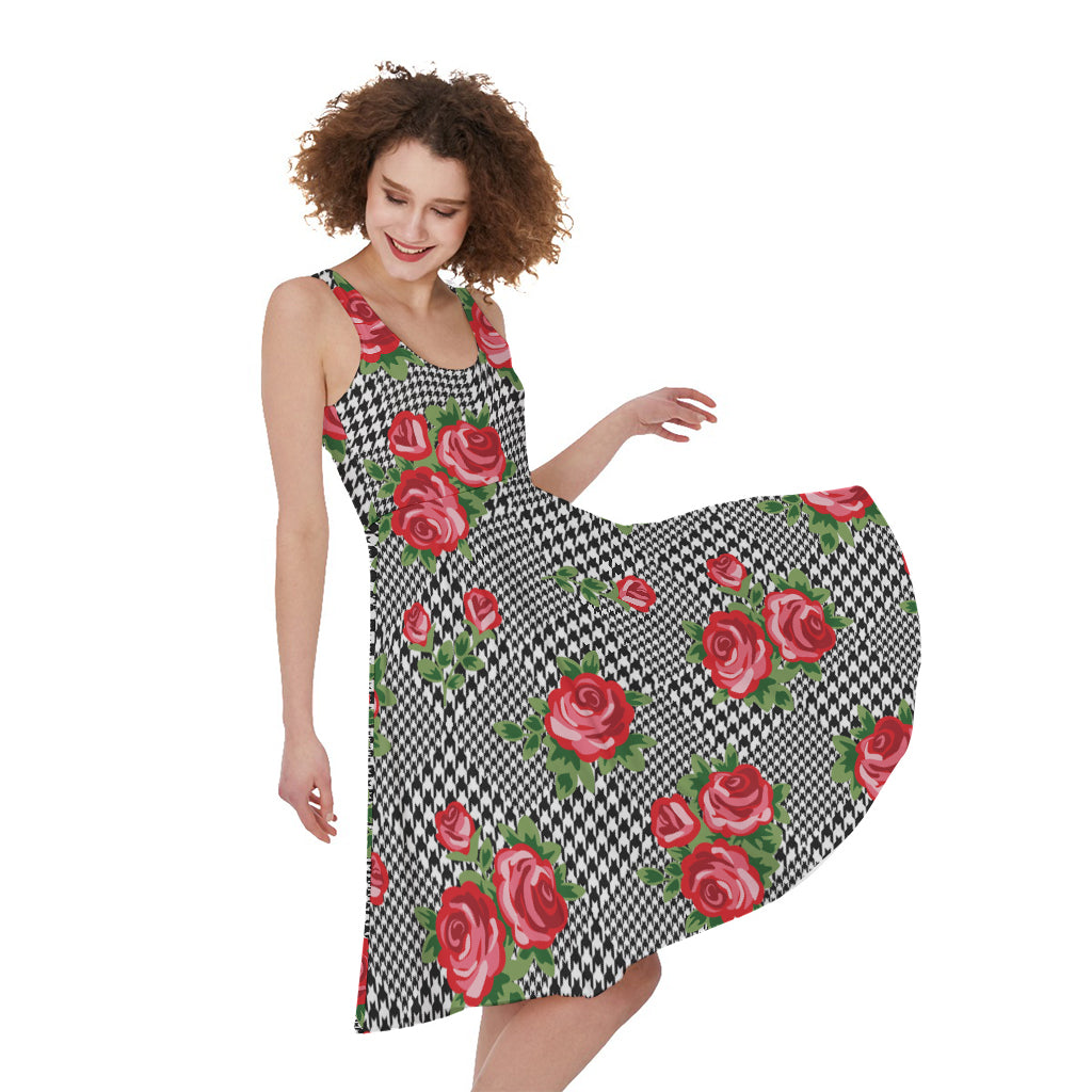 Red Roses Houndstooth Pattern Print Women's Sleeveless Dress