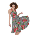 Red Roses Houndstooth Pattern Print Women's Sleeveless Dress