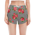 Red Roses Houndstooth Pattern Print Women's Split Running Shorts