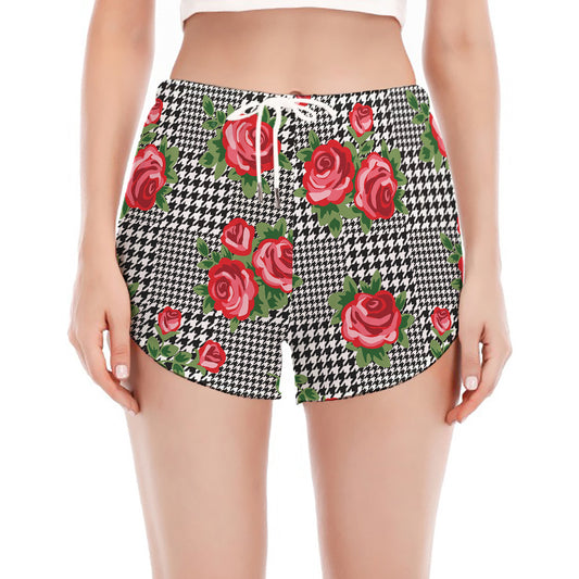 Red Roses Houndstooth Pattern Print Women's Split Running Shorts
