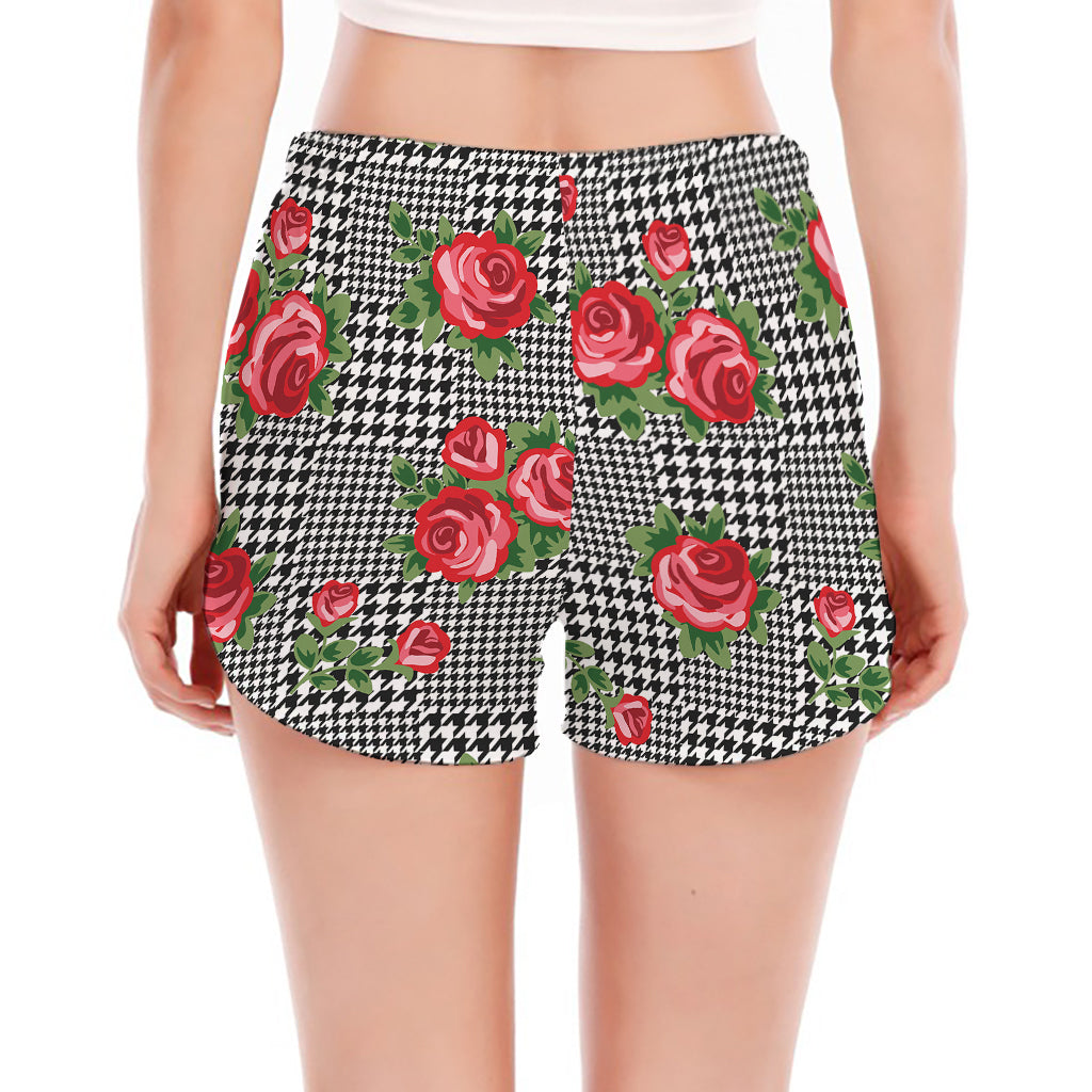 Red Roses Houndstooth Pattern Print Women's Split Running Shorts