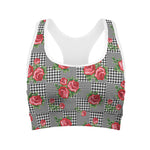Red Roses Houndstooth Pattern Print Women's Sports Bra