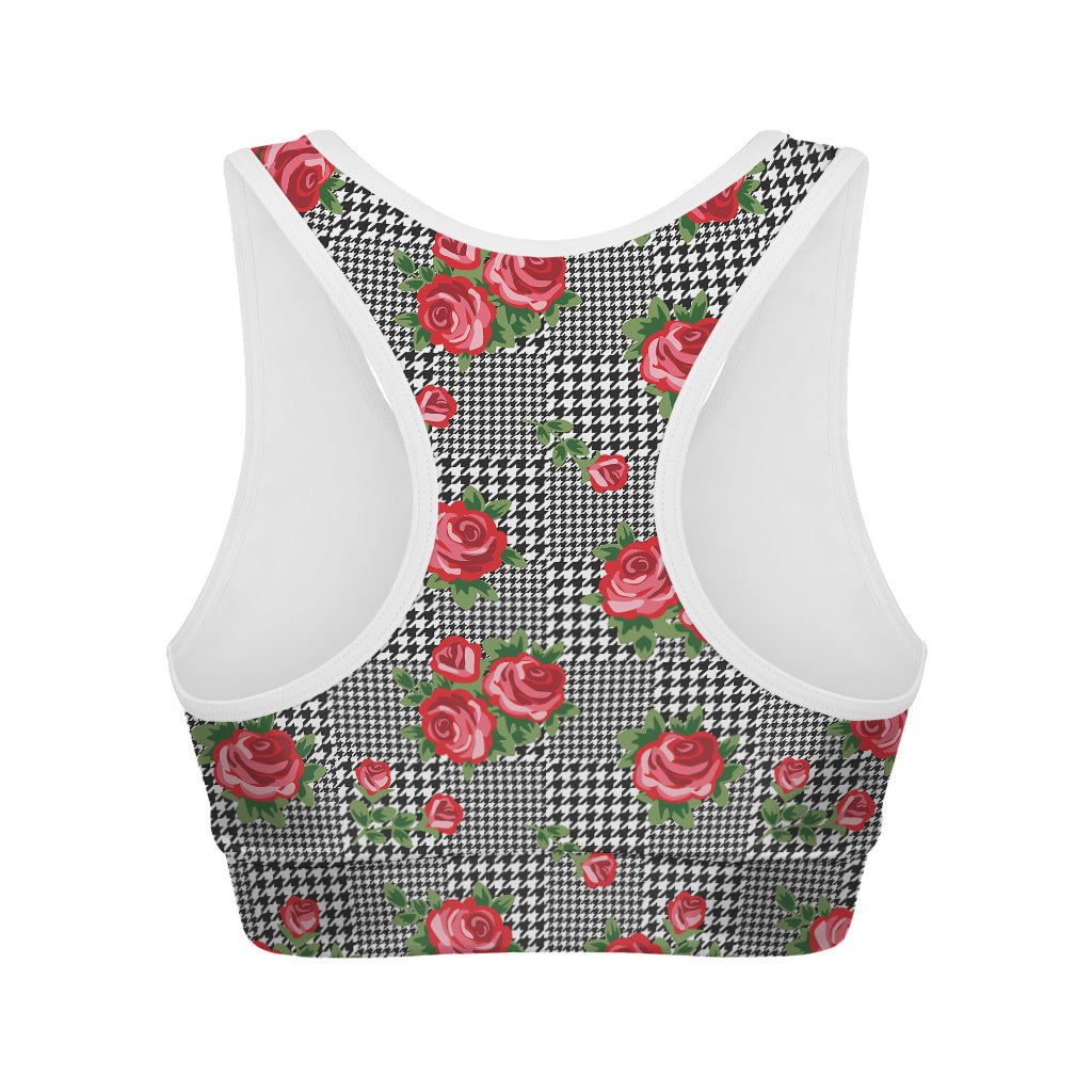 Red Roses Houndstooth Pattern Print Women's Sports Bra