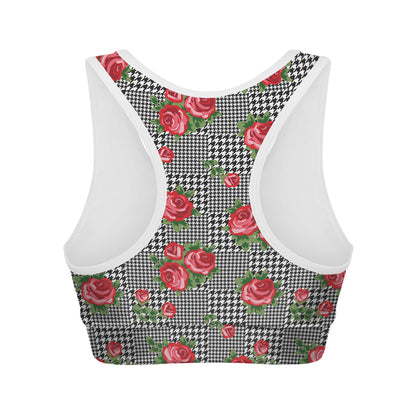 Red Roses Houndstooth Pattern Print Women's Sports Bra
