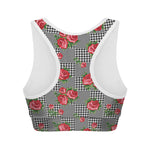 Red Roses Houndstooth Pattern Print Women's Sports Bra