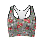 Red Roses Houndstooth Pattern Print Women's Sports Bra