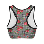 Red Roses Houndstooth Pattern Print Women's Sports Bra
