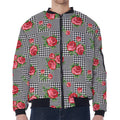 Red Roses Houndstooth Pattern Print Zip Sleeve Bomber Jacket