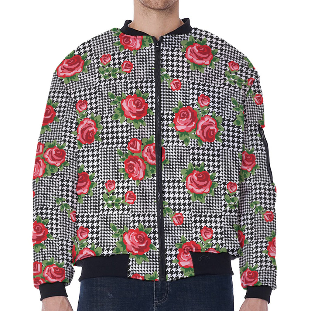 Red Roses Houndstooth Pattern Print Zip Sleeve Bomber Jacket