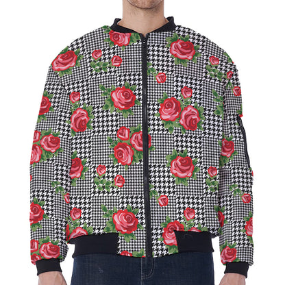 Red Roses Houndstooth Pattern Print Zip Sleeve Bomber Jacket