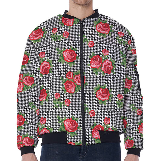 Red Roses Houndstooth Pattern Print Zip Sleeve Bomber Jacket