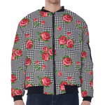 Red Roses Houndstooth Pattern Print Zip Sleeve Bomber Jacket