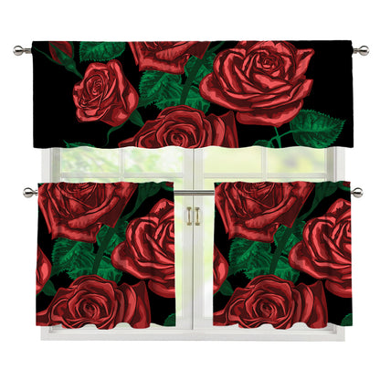 Red Roses Tattoo Print 3 Piece Kitchen Curtains