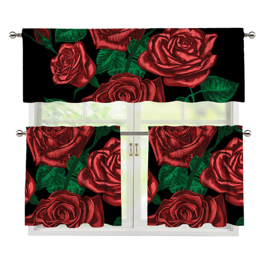Red Roses Tattoo Print 3 Piece Kitchen Curtains