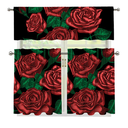 Red Roses Tattoo Print 3 Piece Kitchen Curtains