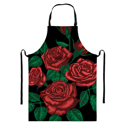 Red Roses Tattoo Print Bib Apron With Pocket