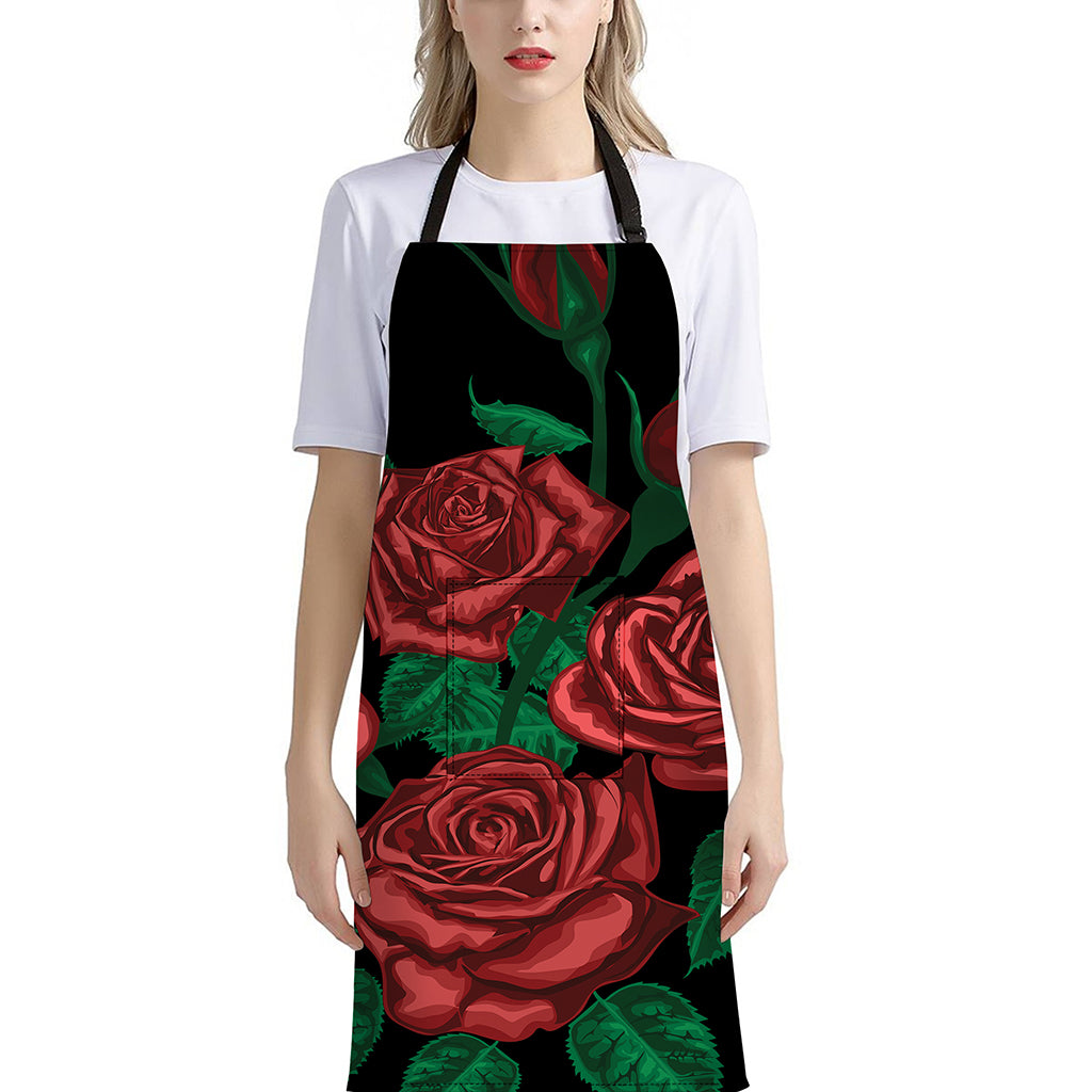 Red Roses Tattoo Print Bib Apron With Pocket