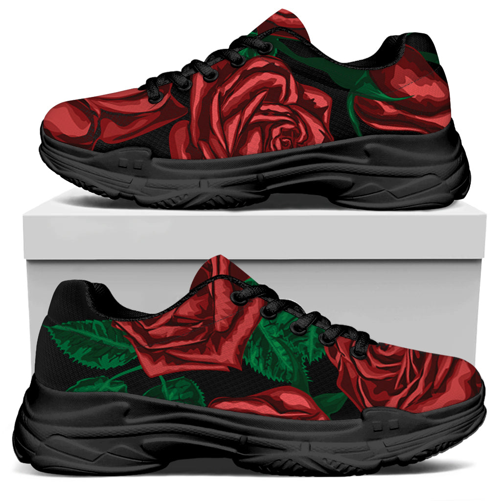 Red Roses Tattoo Print Black Chunky Shoes