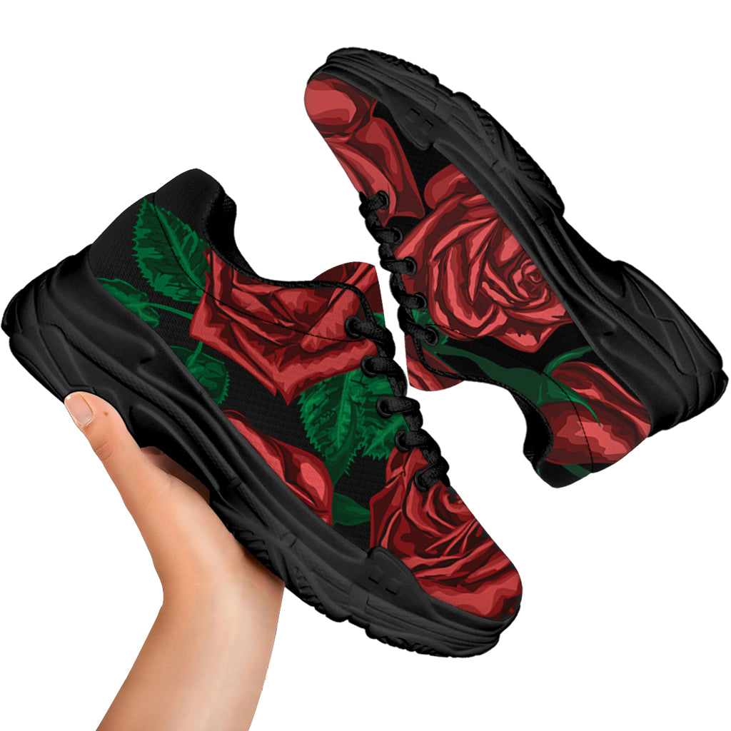 Red Roses Tattoo Print Black Chunky Shoes