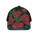 Red Roses Tattoo Print Black Mesh Trucker Hat