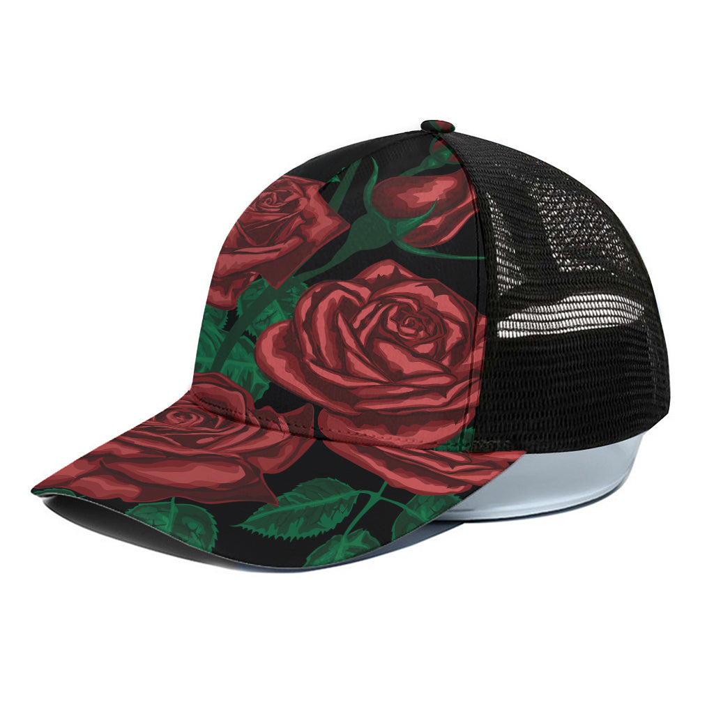 Red Roses Tattoo Print Black Mesh Trucker Cap