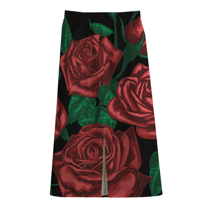 Red Roses Tattoo Print Cotton Front Slit Maxi Skirt