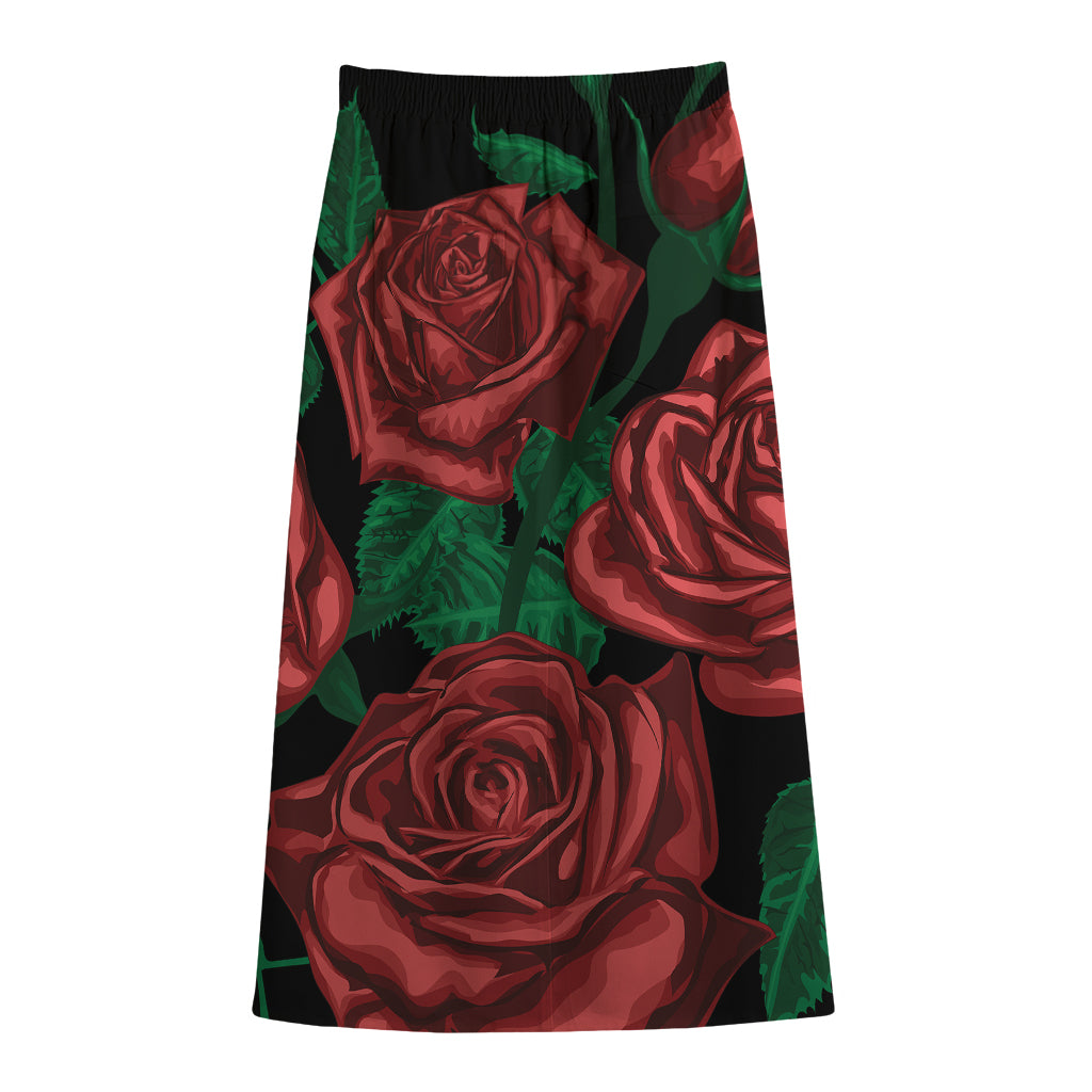 Red Roses Tattoo Print Cotton Front Slit Maxi Skirt
