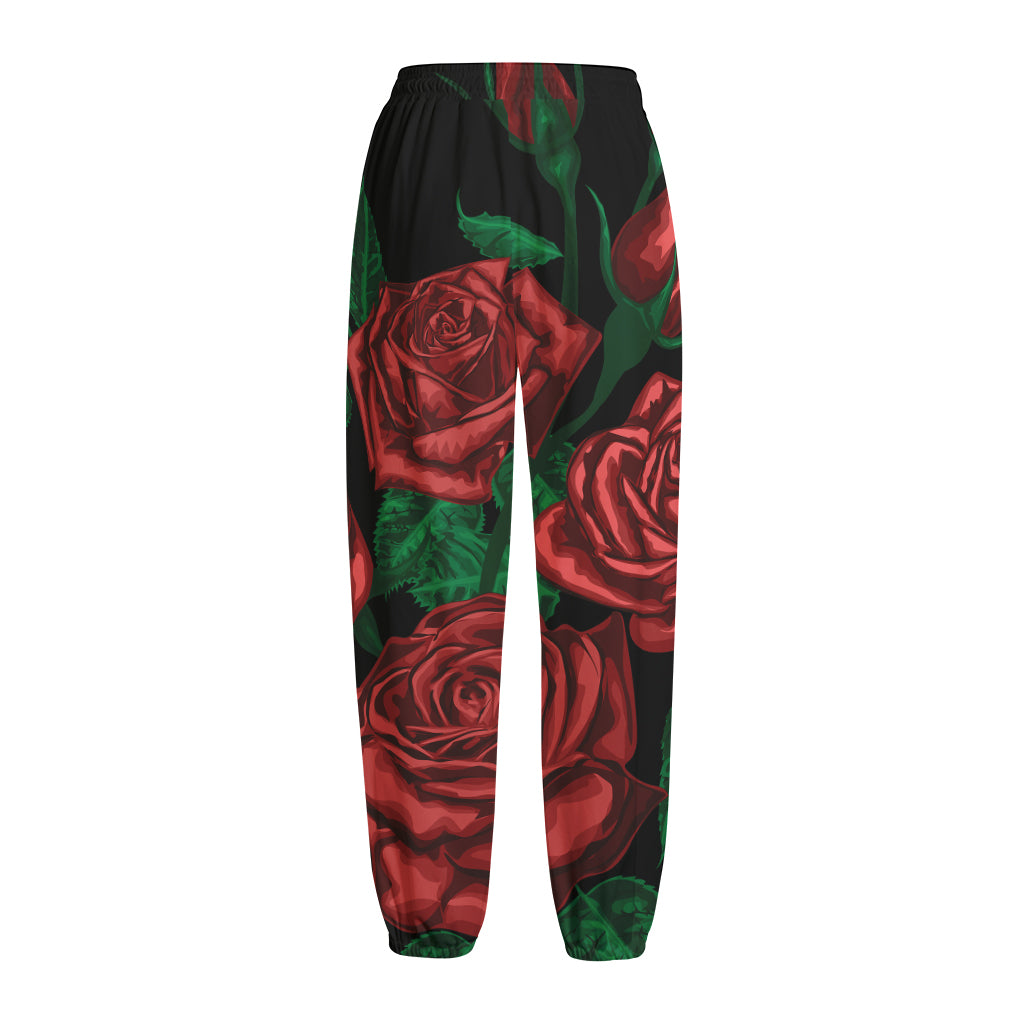 Red Roses Tattoo Print Fleece Lined Knit Pants