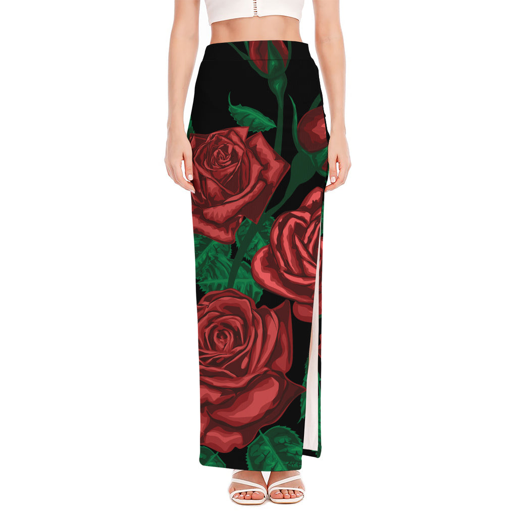 Red Roses Tattoo Print High Slit Maxi Skirt