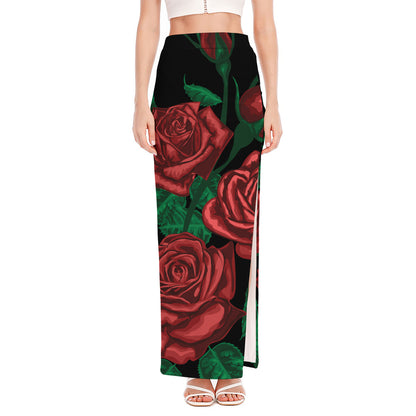 Red Roses Tattoo Print High Slit Maxi Skirt
