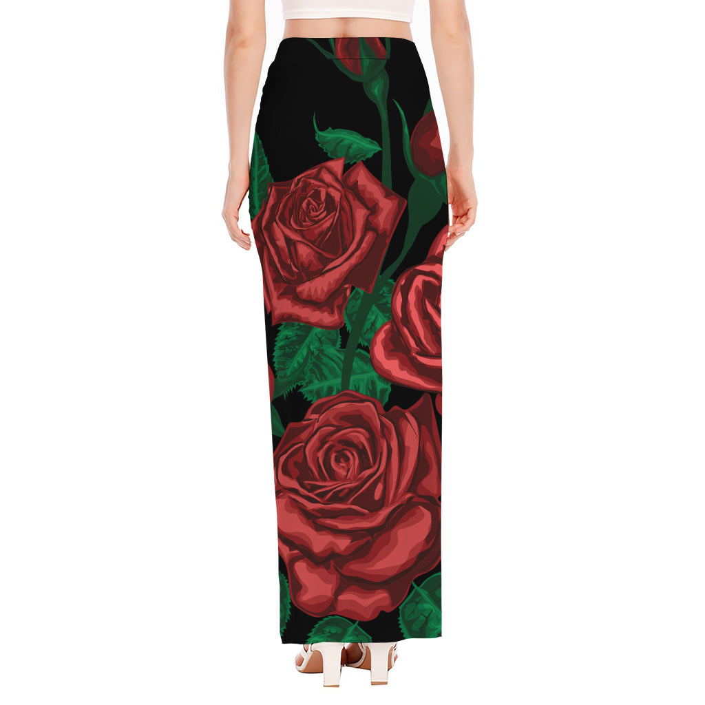 Red Roses Tattoo Print High Slit Maxi Skirt