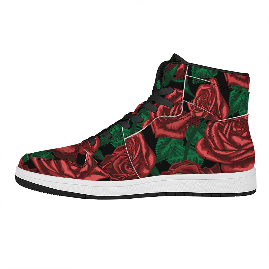 Red Roses Tattoo Print High Top Leather Sneakers