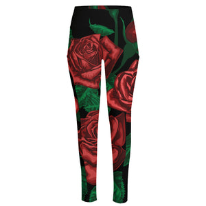 Red Roses Tattoo Print High-Waisted Pocket Leggings