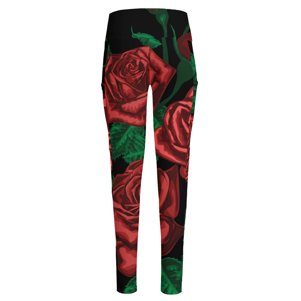 Red Roses Tattoo Print High-Waisted Pocket Leggings