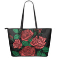 Red Roses Tattoo Print Leather Tote Bag With Zipper