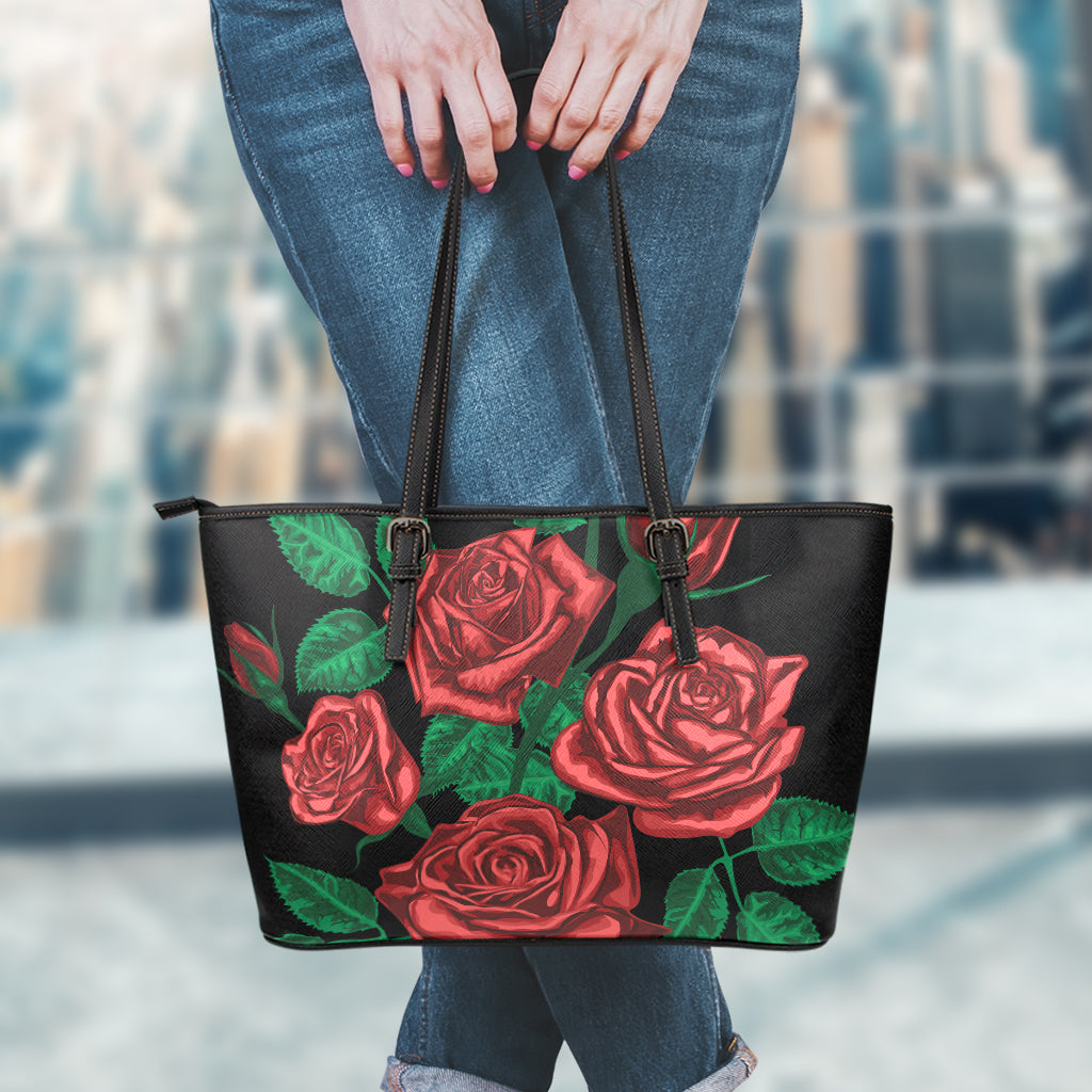 Red Roses Tattoo Print Leather Tote Bag