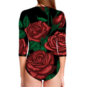 Red Roses Tattoo Print Long Sleeve Swimsuit