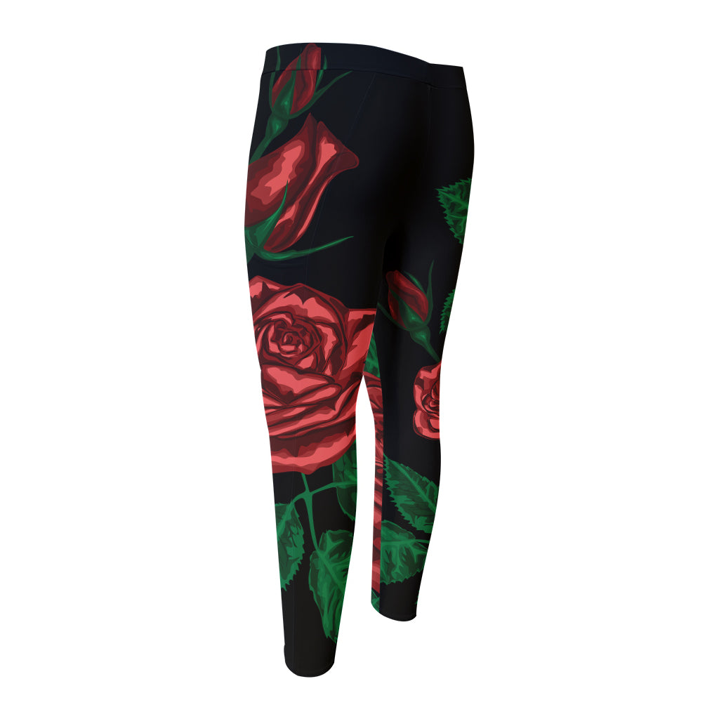 Red Roses Tattoo Print Men's Compression Pants